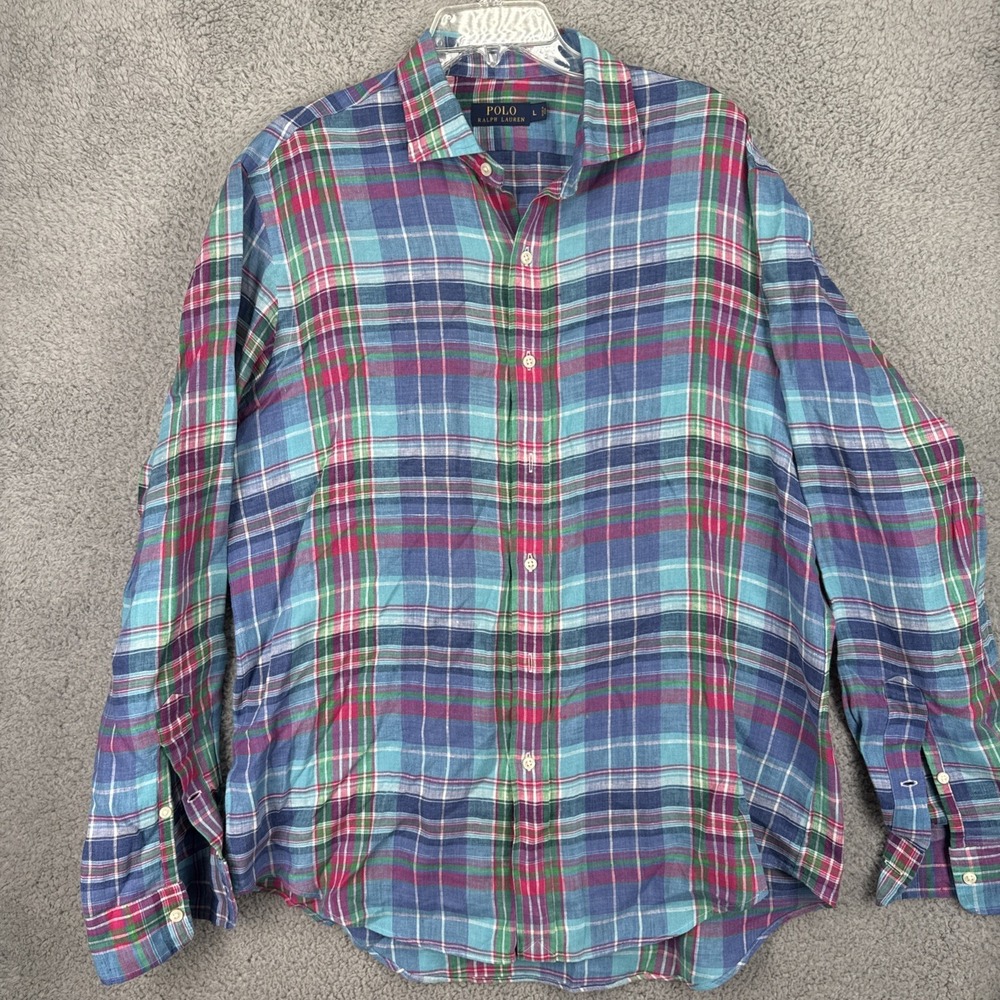 Polo Ralph Lauren Linen Shirt Mens Large L/S Blue Green Plaid Button Up